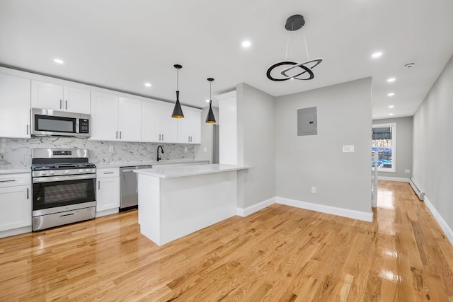 kitchen with electric panel, a sink, light countertops, appliances with stainless steel finishes, and tasteful backsplash