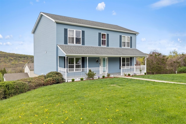 view of front of home featuring a shingled roof, a porch, and a front lawn