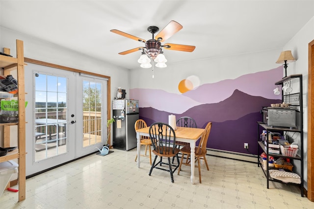 dining area with french doors, a baseboard radiator, a ceiling fan, and tile patterned floors