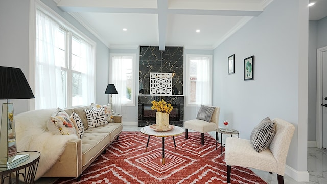 living area featuring baseboards, beam ceiling, ornamental molding, and a fireplace