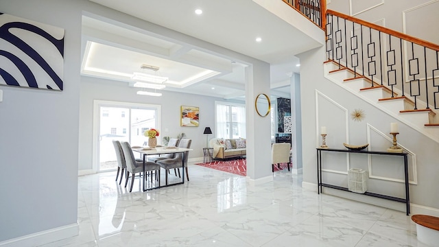 dining space featuring recessed lighting, marble finish floor, stairs, and baseboards