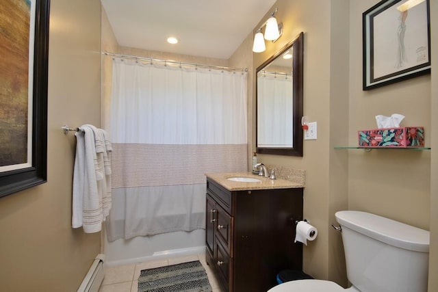 bathroom with tile patterned flooring, toilet, baseboard heating, vanity, and a baseboard radiator