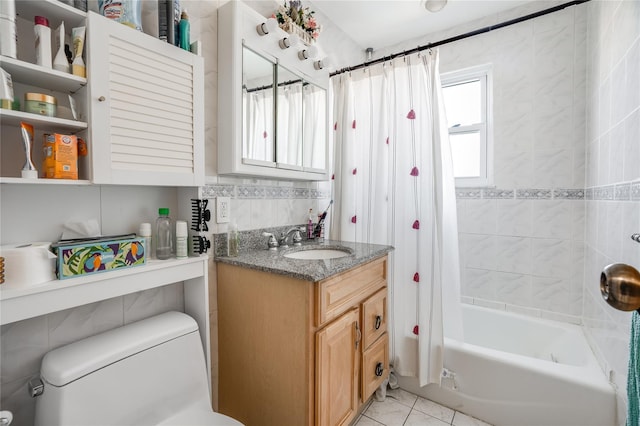 full bath featuring toilet, backsplash, vanity, shower / tub combo, and tile patterned flooring