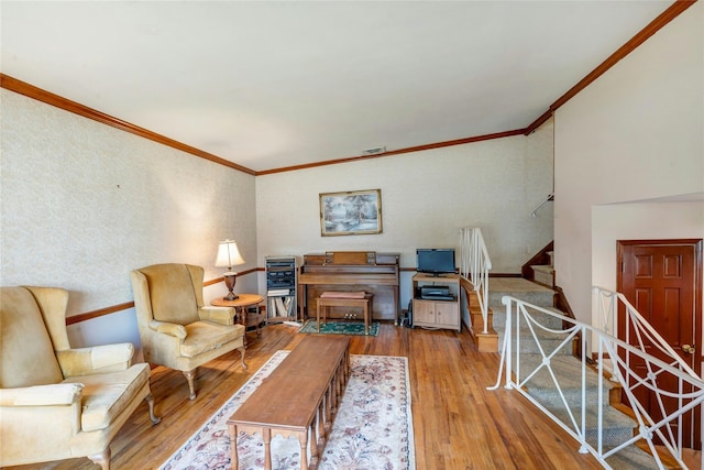 101 Grissom Way, Hauppauge, NY 11788 - living area with stairs, ornamental molding, and wood finished floors