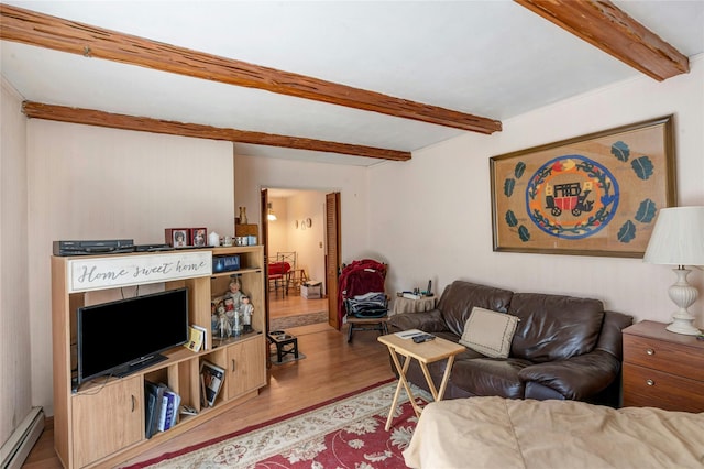101 Grissom Way, Hauppauge, NY 11788 - living room with a baseboard heating unit, beamed ceiling, and wood finished floors