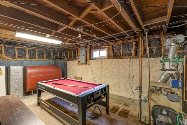 101 Grissom Way, Hauppauge, NY 11788 - rec room with electric panel, heating fuel, concrete flooring, a heating unit, and pool table