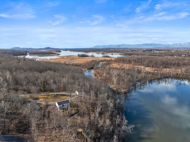 drone / aerial view featuring a water and mountain view