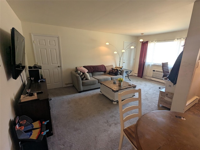 living room featuring baseboard heating and light colored carpet