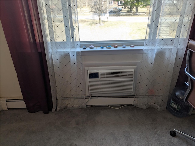 details with carpet and a baseboard radiator