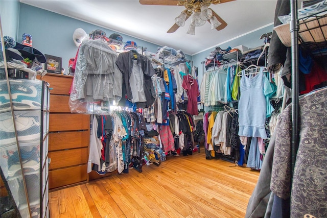 spacious closet with wood finished floors and a ceiling fan