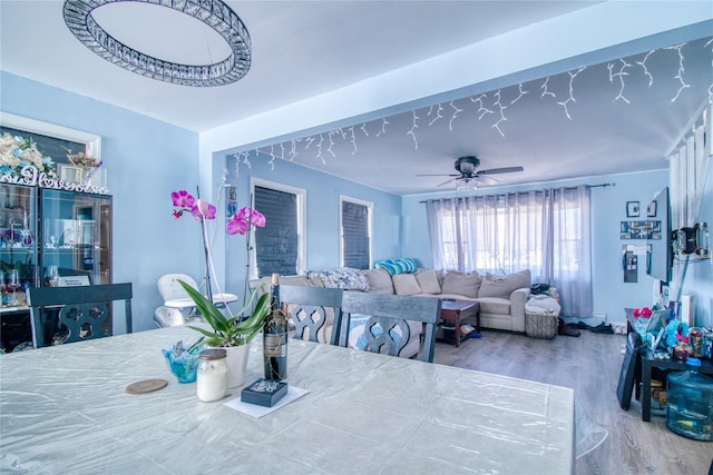 dining area with a ceiling fan and wood finished floors