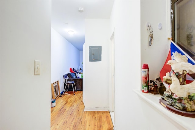 hallway with electric panel and light wood-style floors