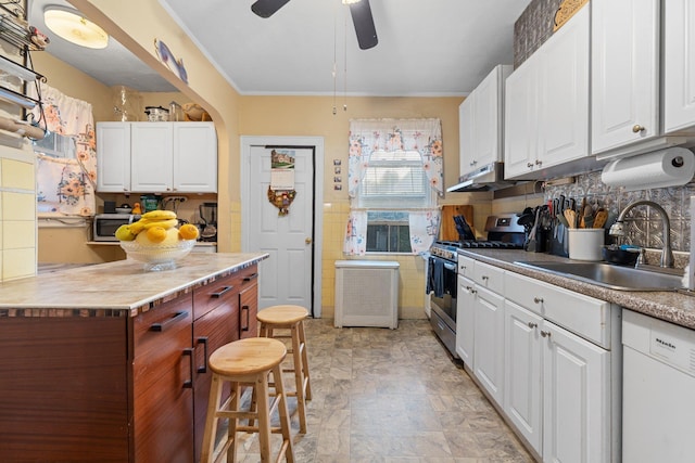kitchen with white cabinetry, under cabinet range hood, gas stove, a sink, and white dishwasher