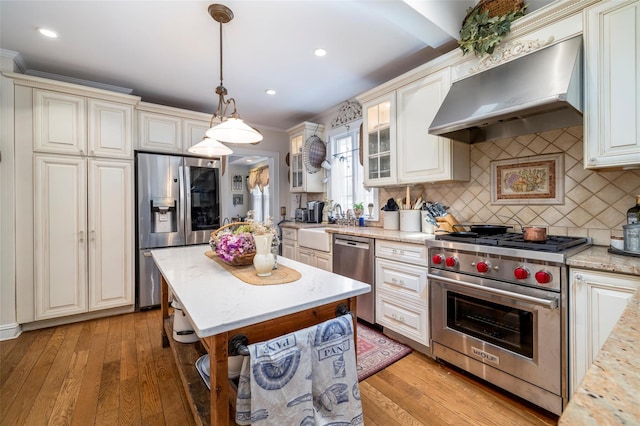 kitchen featuring under cabinet range hood, stainless steel appliances, tasteful backsplash, and light wood-style flooring