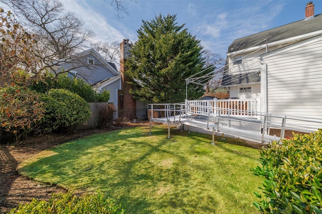 view of yard with fence and a wooden deck