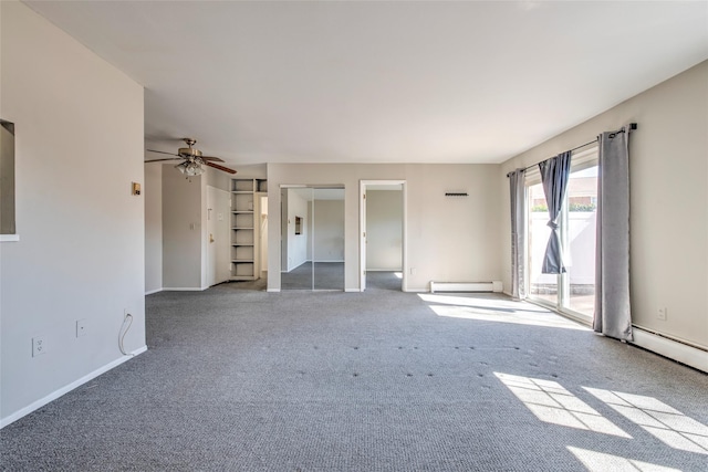 carpeted empty room featuring a baseboard heating unit, baseboards, and a ceiling fan