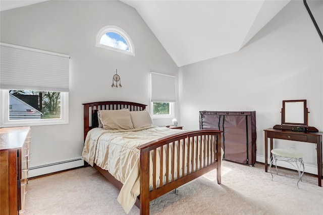 carpeted bedroom featuring multiple windows, baseboard heating, and high vaulted ceiling