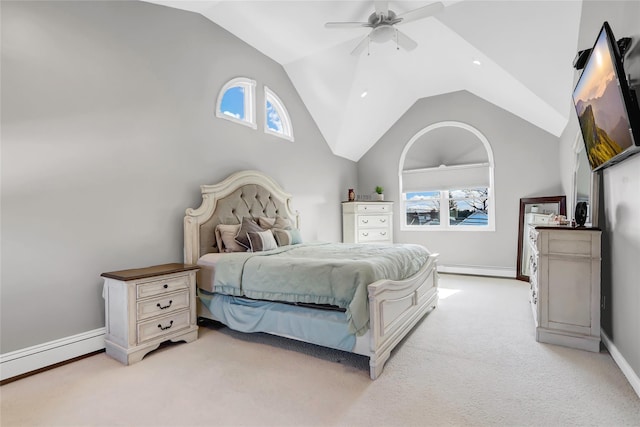 bedroom featuring baseboards, a baseboard radiator, lofted ceiling, light colored carpet, and ceiling fan