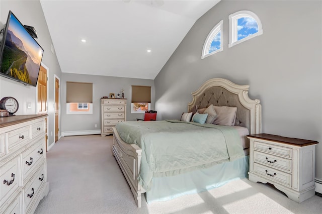 bedroom featuring light carpet, recessed lighting, baseboards, and lofted ceiling