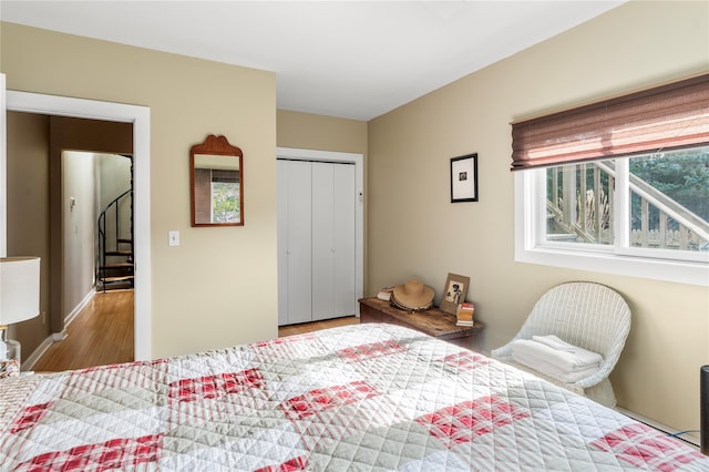 bedroom with a closet and wood finished floors