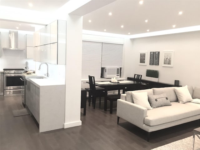 living room featuring recessed lighting and dark wood-type flooring