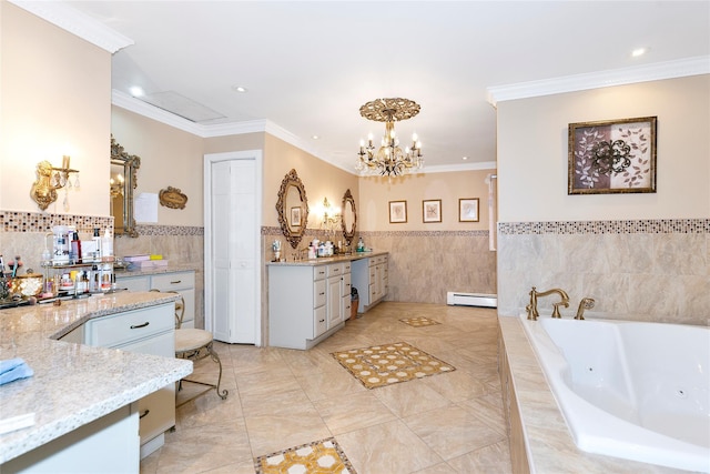 bathroom with vanity, a whirlpool tub, crown molding, a baseboard heating unit, and tile walls