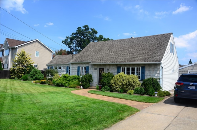 view of front of property with roof with shingles, concrete driveway, and a front lawn