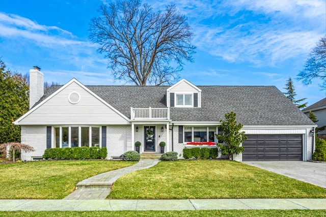 view of front of home with a front lawn, an attached garage, brick siding, and driveway