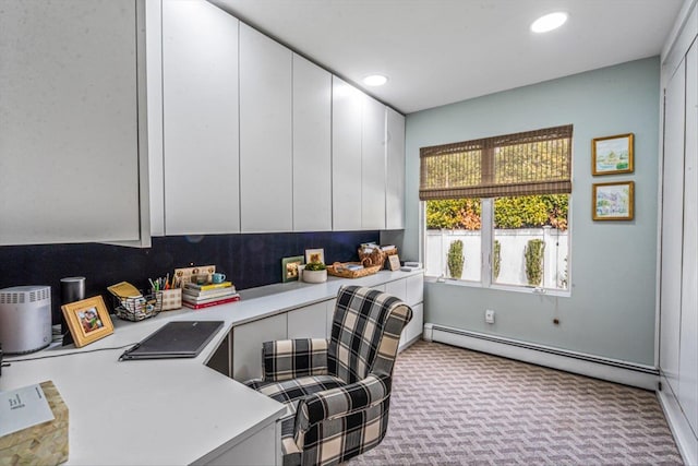 kitchen featuring recessed lighting, carpet, white cabinets, light countertops, and baseboard heating