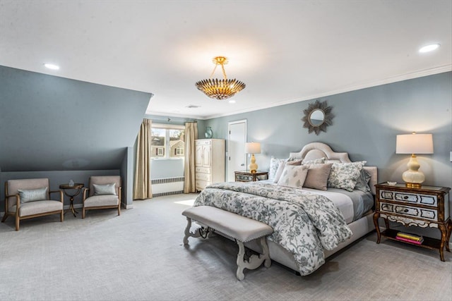 bedroom with recessed lighting, radiator heating unit, carpet, and ornamental molding