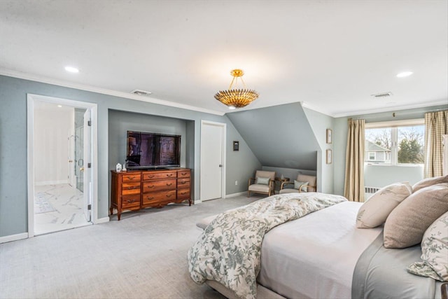 bedroom featuring visible vents, baseboards, light colored carpet, and crown molding