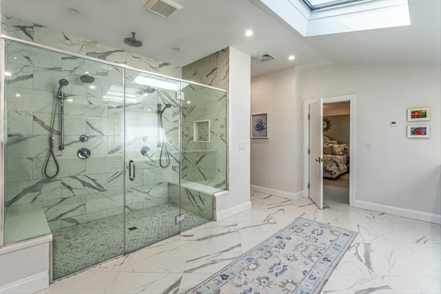 bathroom featuring a marble finish shower, visible vents, baseboards, and marble finish floor