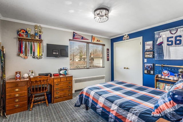 carpeted bedroom with radiator heating unit and ornamental molding