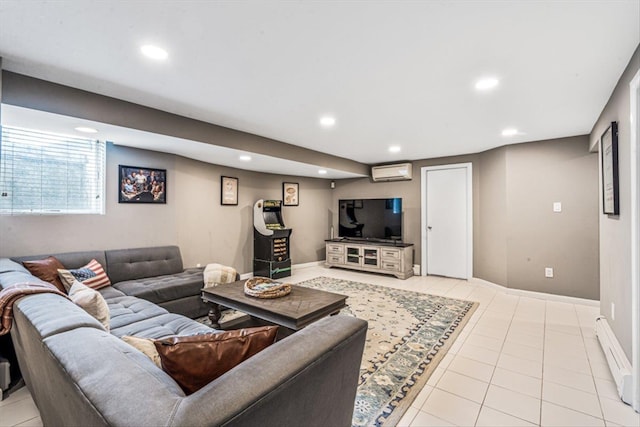 living room with light tile patterned floors, recessed lighting, and a wall mounted AC