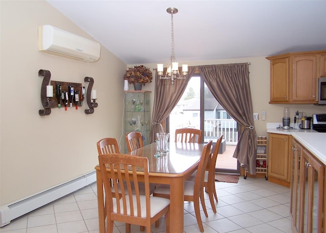 dining area featuring a wall mounted AC, light tile patterned floors, a baseboard radiator, a chandelier, and vaulted ceiling