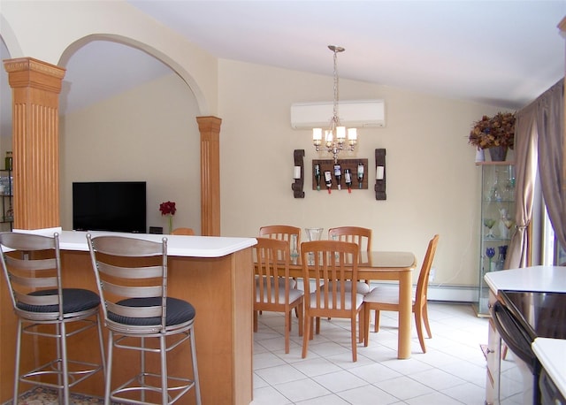 dining room featuring decorative columns, arched walkways, vaulted ceiling, a wall mounted air conditioner, and a notable chandelier