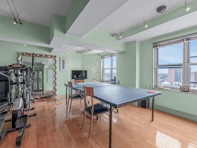 recreation room with hardwood / wood-style floors and rail lighting