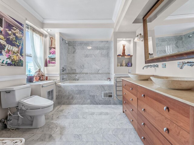10740 Queens Blvd Pha, Pha, Forest Hills, NY 11375 - full bath featuring ornamental molding, toilet, vanity, and marble finish flooring