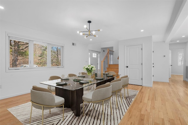 250 Blauvelt Rd, Pearl River, NY 10965 - dining space with an inviting chandelier, light wood-style flooring, baseboards, visible vents, and recessed lighting