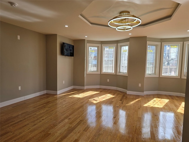 unfurnished room with a tray ceiling, baseboards, a healthy amount of sunlight, and wood finished floors