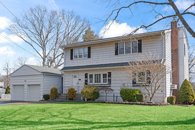 traditional-style house featuring a front lawn, an attached garage, driveway, and a chimney