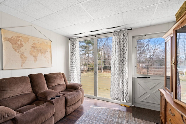 living area featuring a drop ceiling, plenty of natural light, and wood finished floors