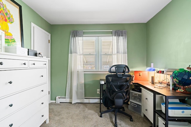 office with a baseboard heating unit and carpet