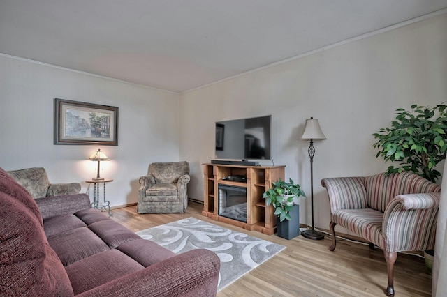 living area featuring a glass covered fireplace, wood finished floors, and ornamental molding