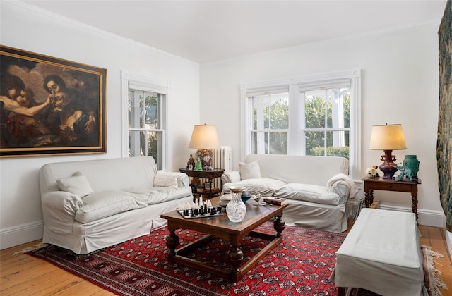 living area featuring hardwood / wood-style flooring, radiator, crown molding, and baseboards