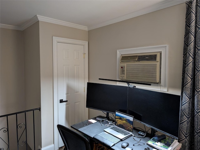 office space with an AC wall unit and ornamental molding