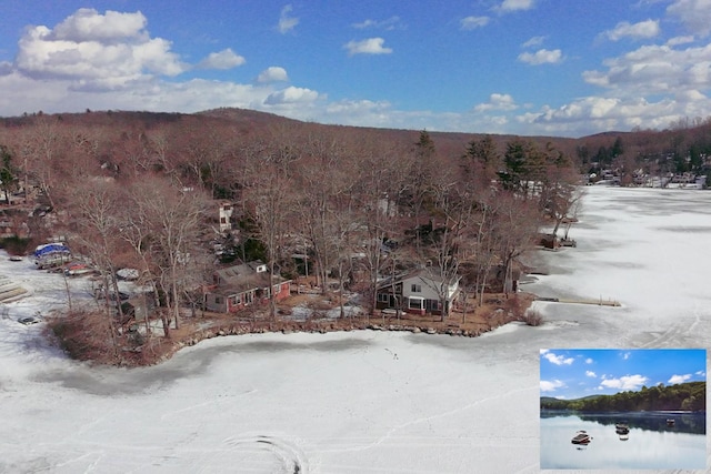 snowy aerial view with a water view