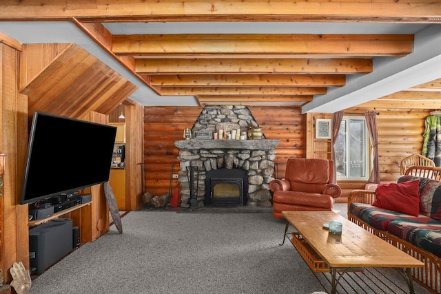 carpeted living room featuring beamed ceiling and rustic walls