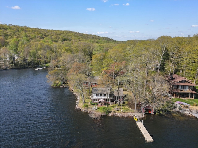 drone / aerial view featuring a water view and a wooded view