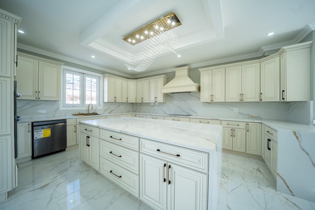 kitchen with dishwasher, custom exhaust hood, a raised ceiling, and a sink